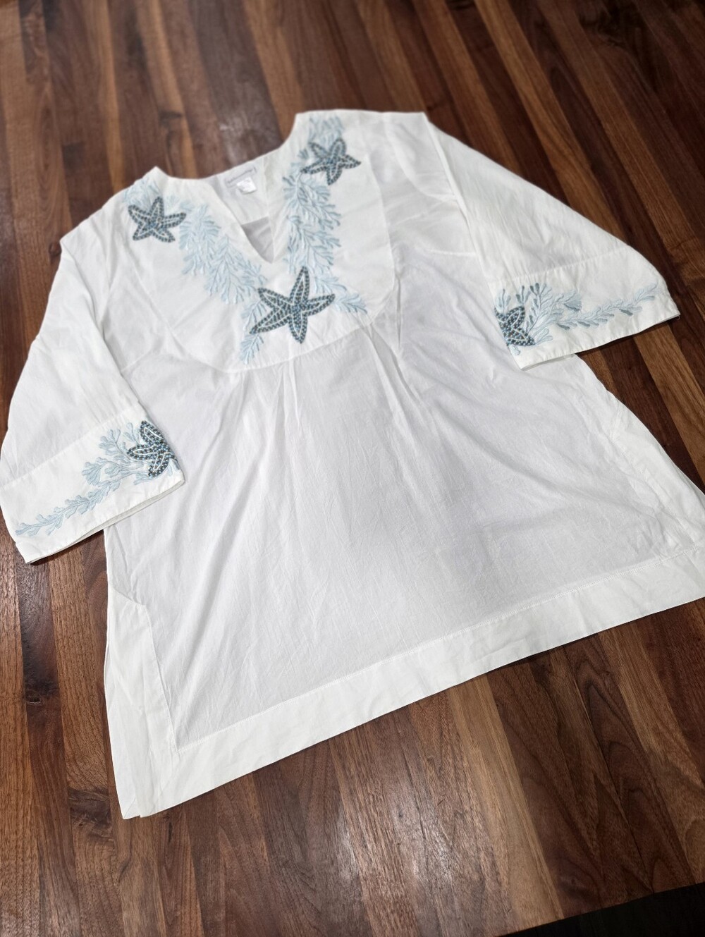 Soft Surroundings Beaded Embroidered Coastal Themed Tunic Split Neckline 2X